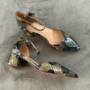 Anthropologie Green Snake Print Pointed Toe Ankle Strap Block Heels Shoes 7.5